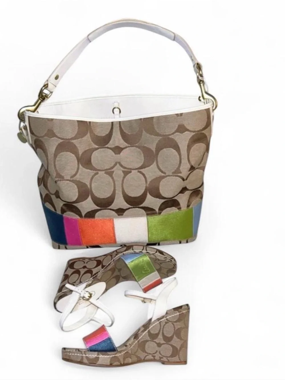 Rare Archival Y2K Coach Legacy Rainbow Stripe Set. Hobo Bag + Matching Wedges S7